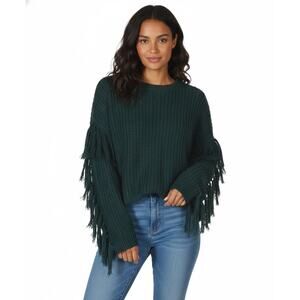 NWT &Merci Fringe Sleeve Sweater Size L Green Chunky Knit Textured Boho Western